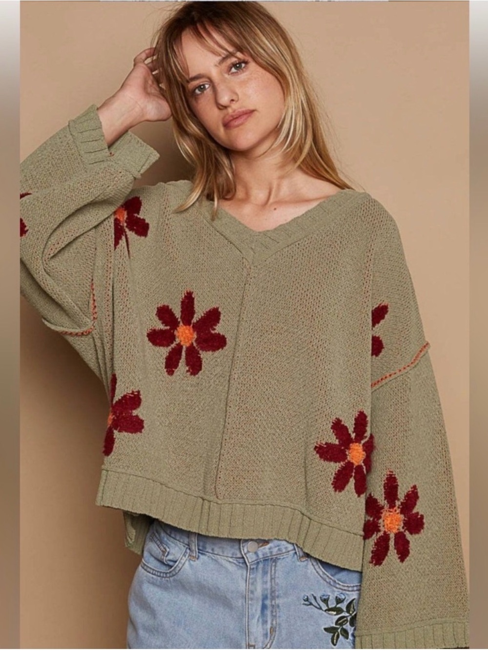 POL Olive Green V-Neck Sweater with Red Floral Motif